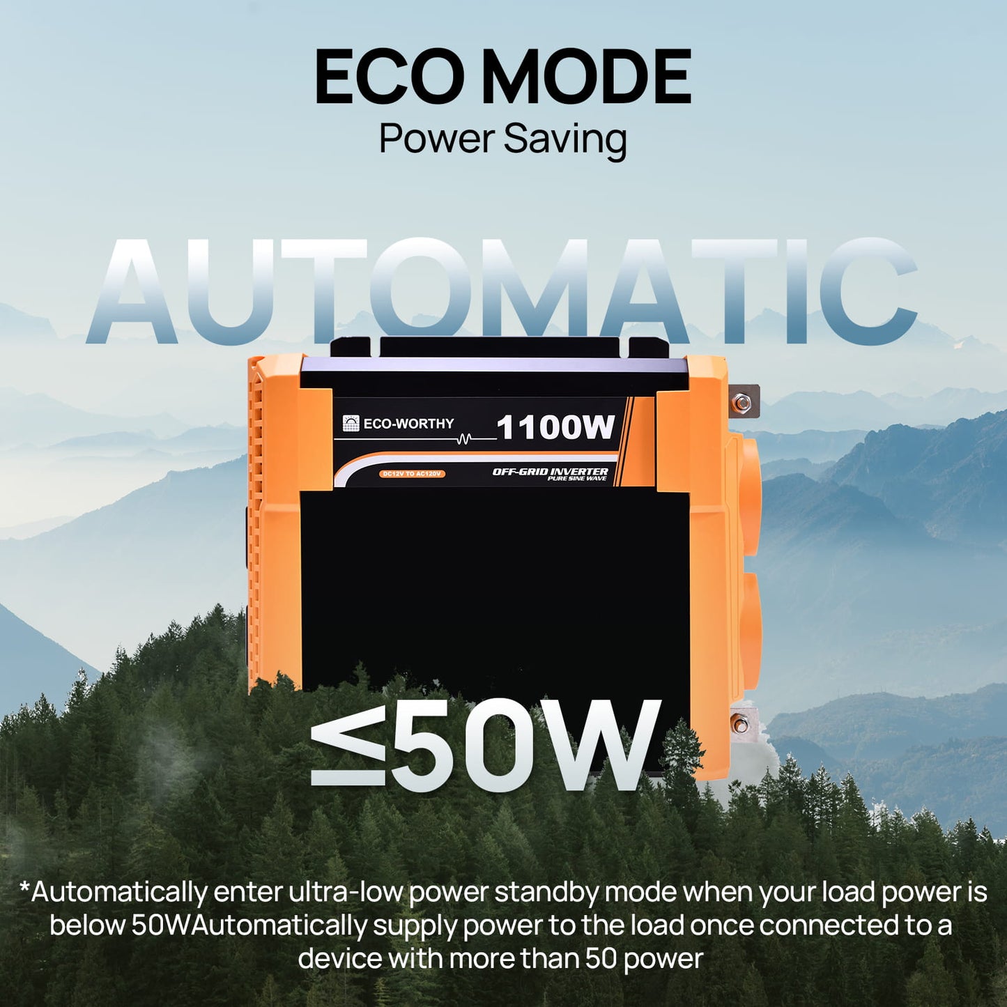 1100W power inverter with ECO mode and automatic power saving feature in a natural setting.