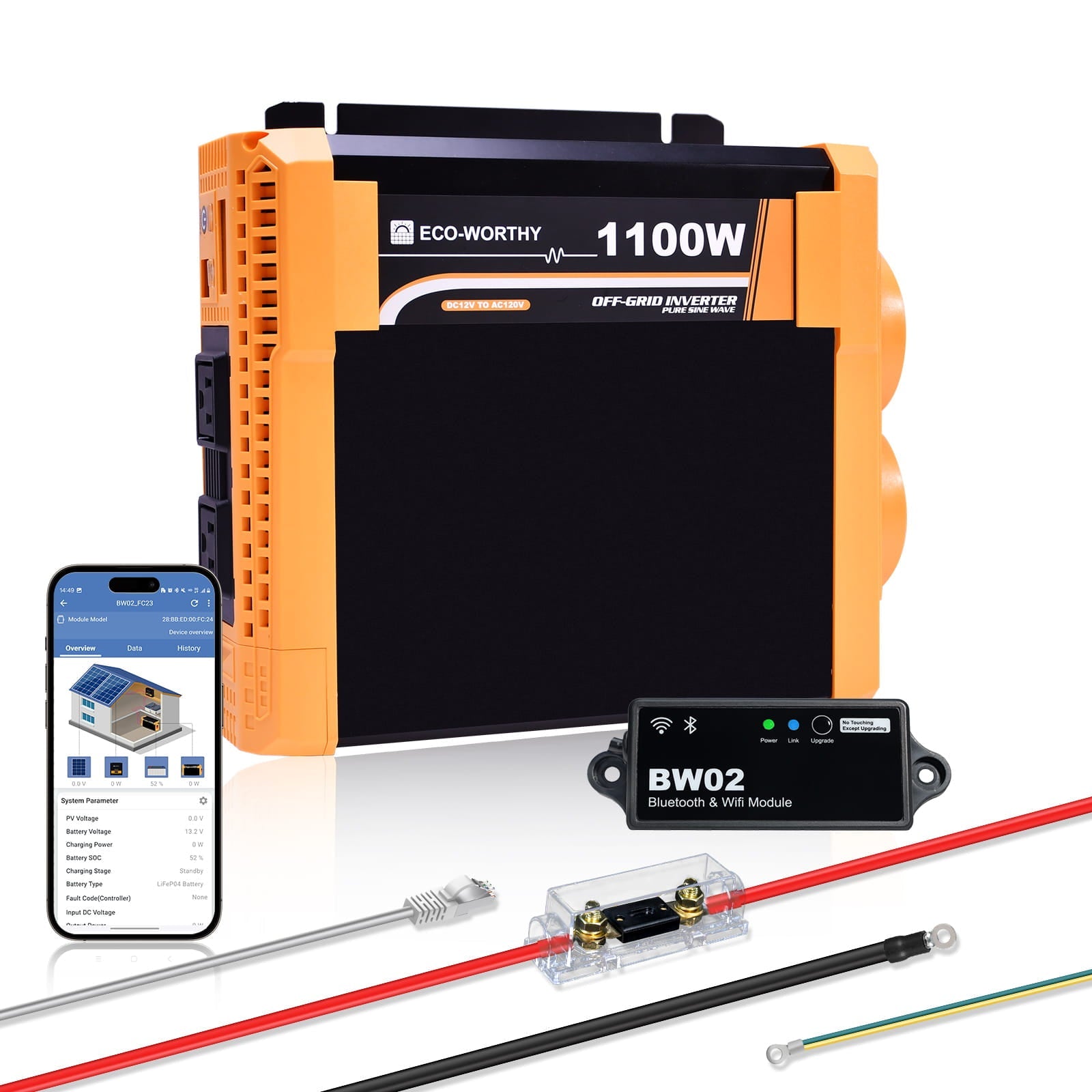 Eco-Worthy 1100W power inverter with Bluetooth & Wi-Fi module, smartphone app, and wiring accessories on a white background.