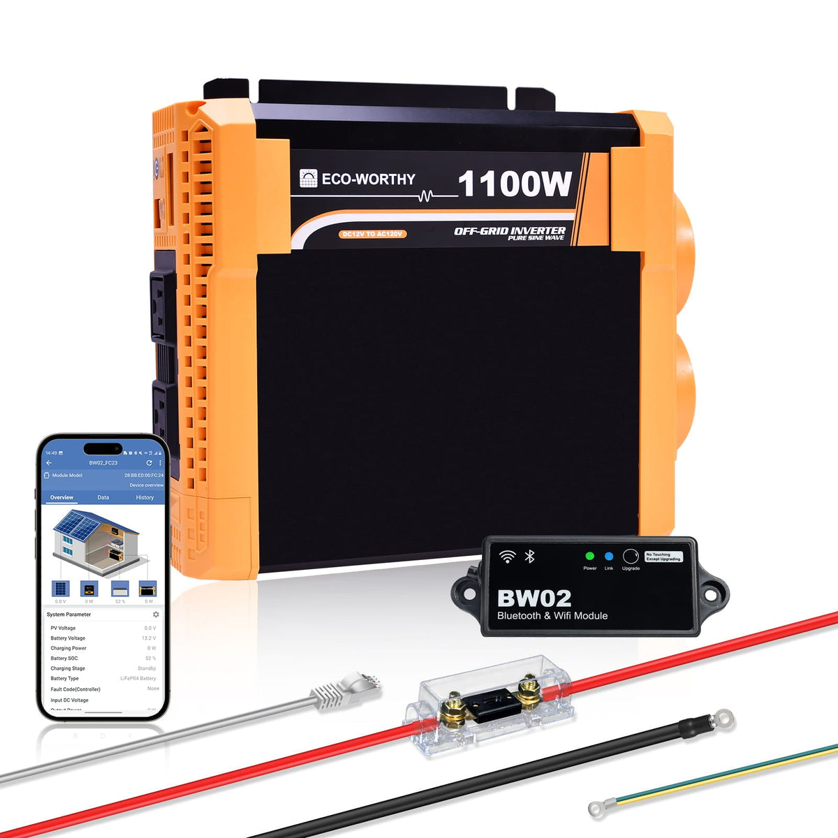 Eco-Worthy 1100W power inverter with Bluetooth & Wi-Fi module, smartphone app, and wiring accessories on a white background.
