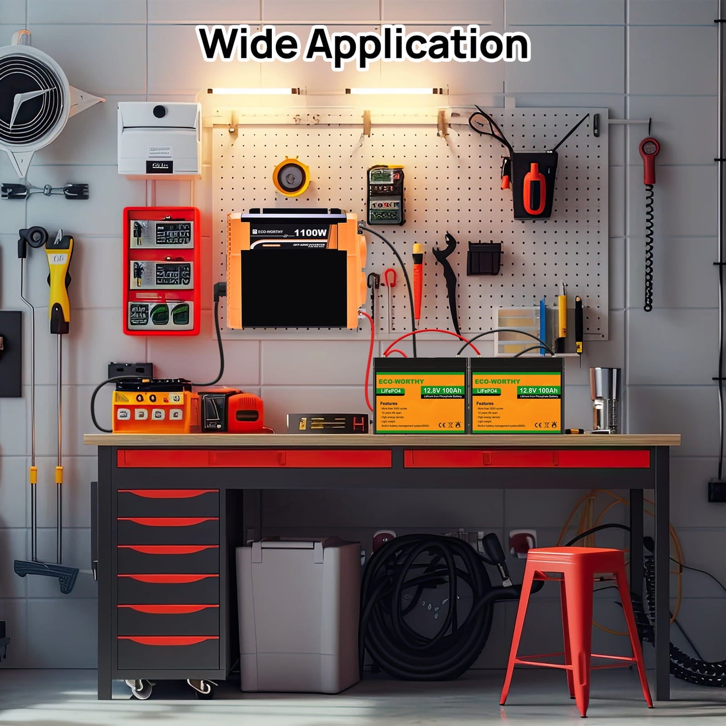Workshop setup with tools, equipment, and a pegboard on a tiled wall.