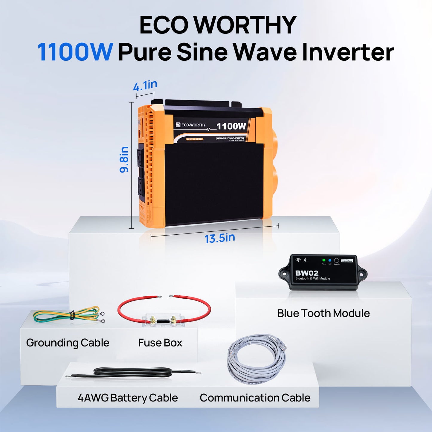ECO WORTHY 1100W Pure Sine Wave Inverter with accessories on a white background