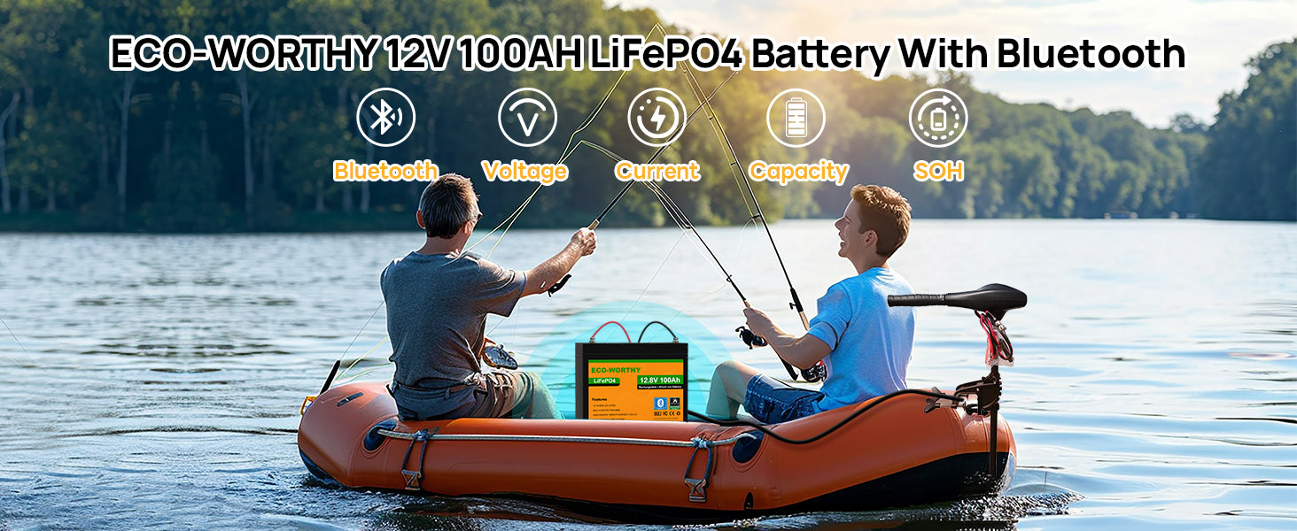 An orange inflatable boat on a lake with two people sitting inside, holding fishing rods. A yellow and black battery unit is placed in the center of the boat.