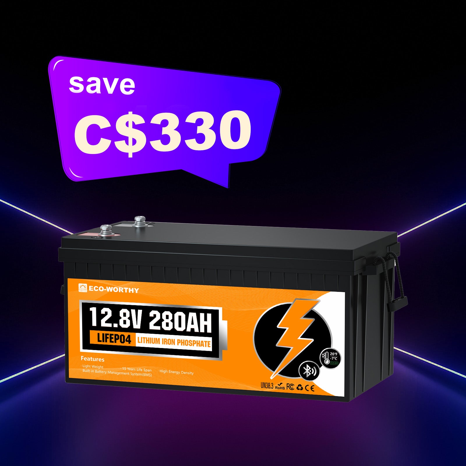 ECO-WORTHY LiFePO4 12V 280Ah Lithium Iron Phosphate Battery With Bluetooth And Low-temperature Protection
