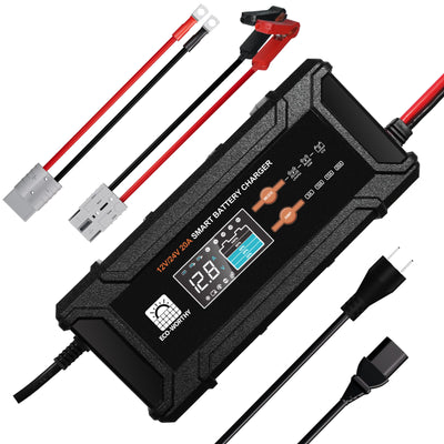 20A 12V/24V Smart Battery Charger with LCD Display for Multiple Batteries - 