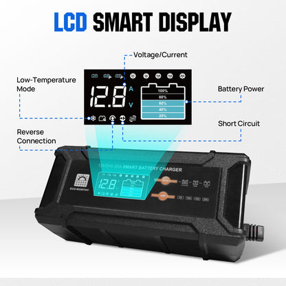 20A 12V/24V Smart Battery Charger with LCD Display for Multiple Batteries - 