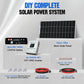 DIY complete solar power system with components on a white background