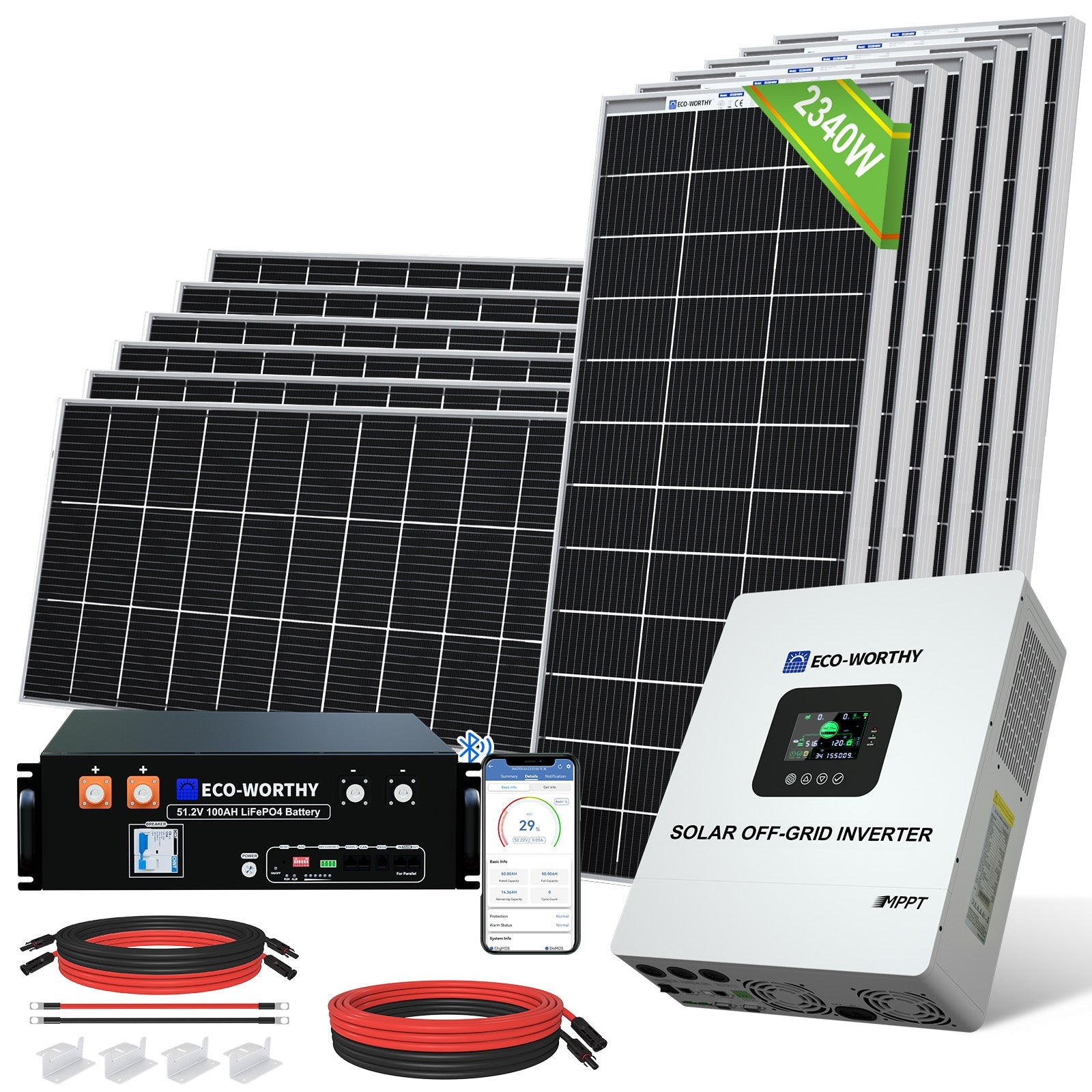 2340W 48V (12x Bifacial 195W) Complete MPPT Off Grid Solar Kit with Eco-Worthy inverter, battery, and wiring on a white background