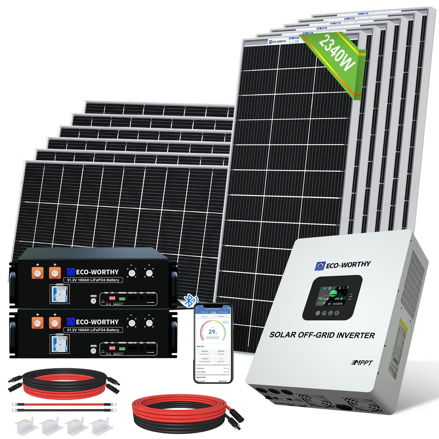 2340W 48V (12x Bifacial 195W) Complete MPPT Off Grid Solar Kit with inverter, battery charger, and wiring on a white background