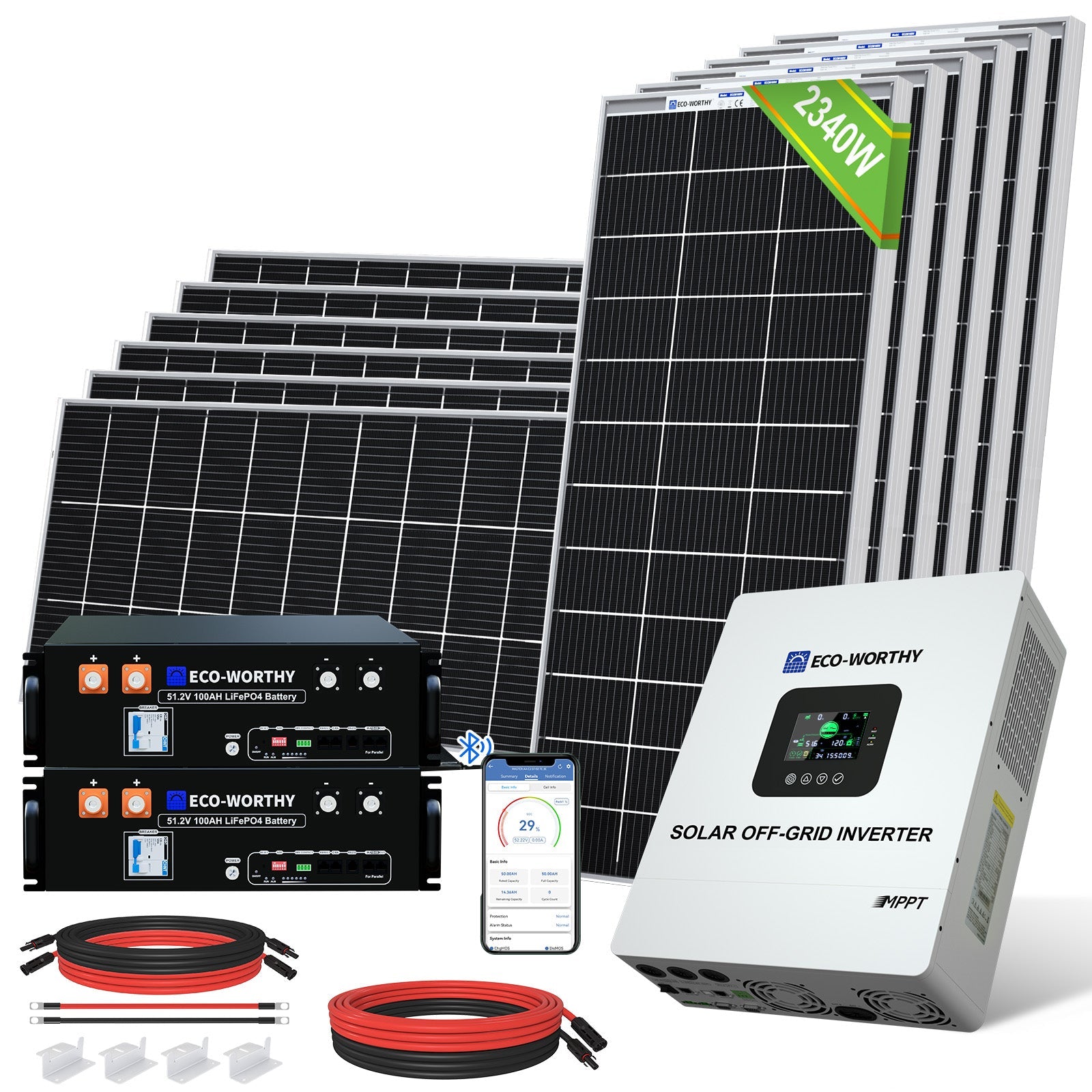 5000W Complete Off-grid Solar Power Kit with inverter, battery charger, and wiring on a white background