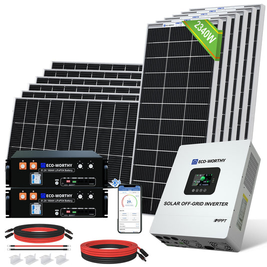 2340W 48V (12x Bifacial 195W) Complete MPPT Off Grid Solar Kit with inverter, battery charger, and wiring on a white background