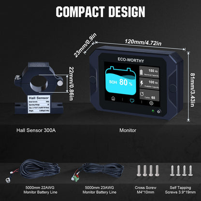 300A 3.5" Touchable Display Battery Monitor with Hall Sensor for AGM and Lithium (LiFePO4) Batteries - battery accessories