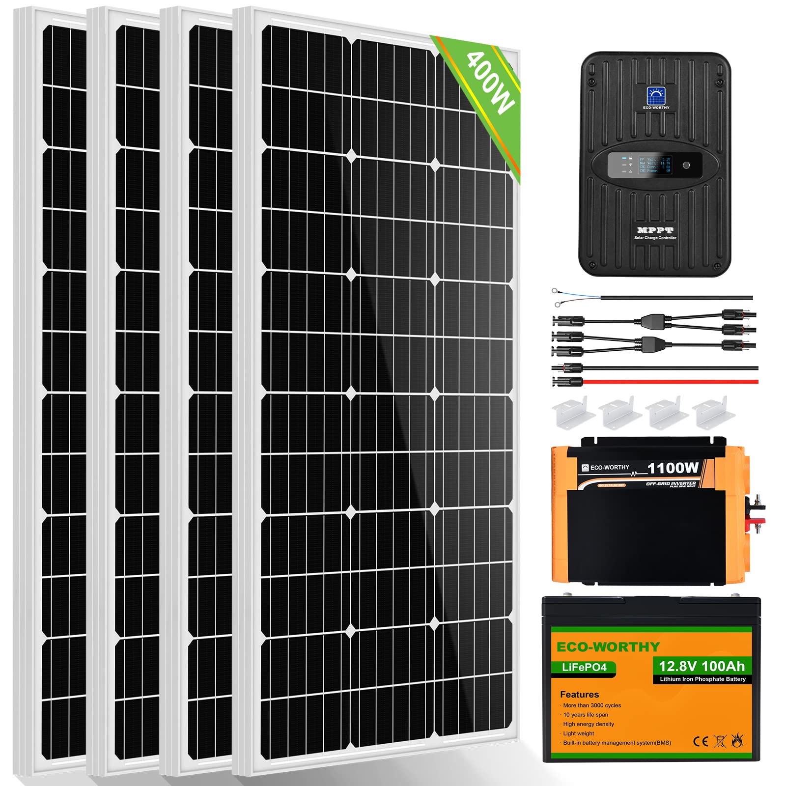 400W 12V (4x100W) Complete Off Grid Solar Kit - 100W - 1KW Solar panel kit