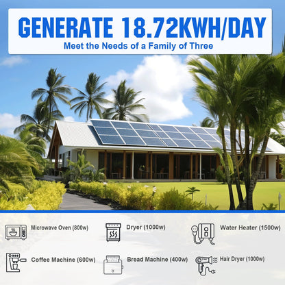 House with solar panels on the roof, surrounded by palm trees, with text about energy generation.