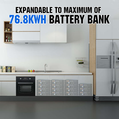 Modern kitchen with text about an expandable battery bank capacity.