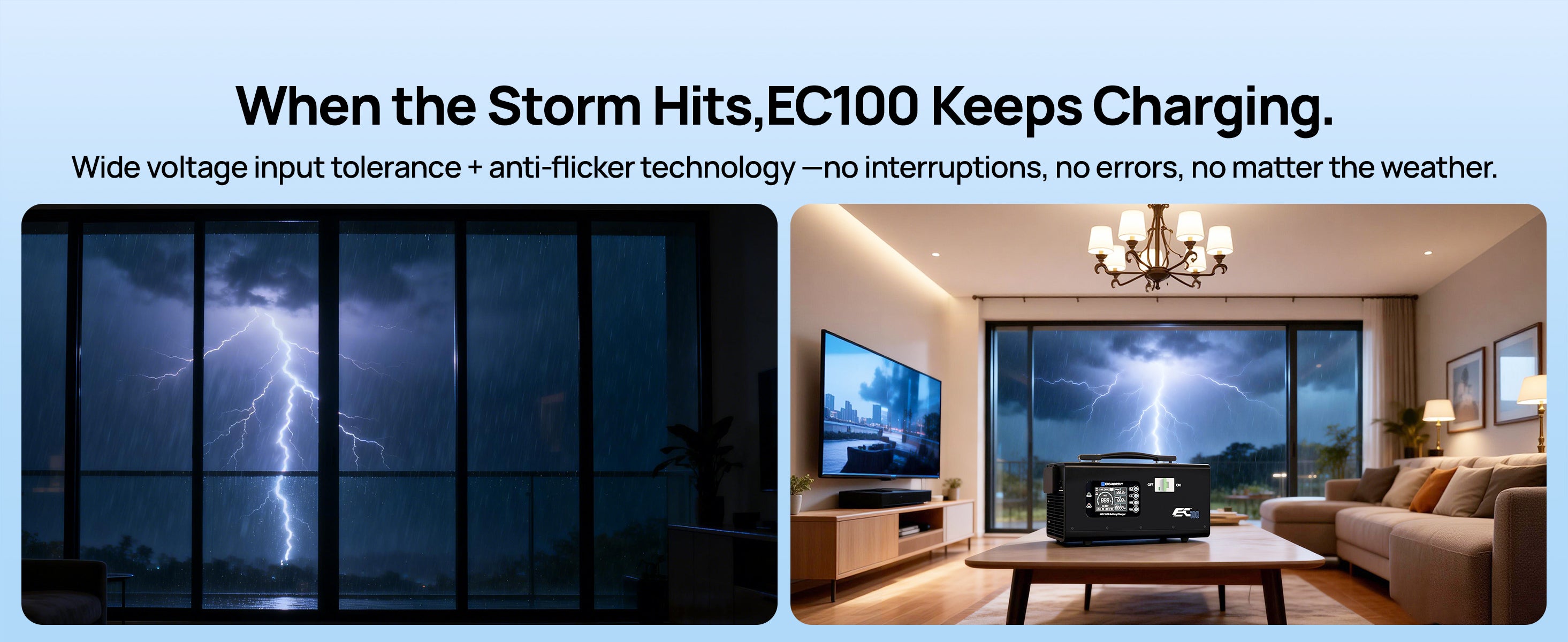 Advertisement for a power station labeled 'EC100' with lightning scene and indoor setting.