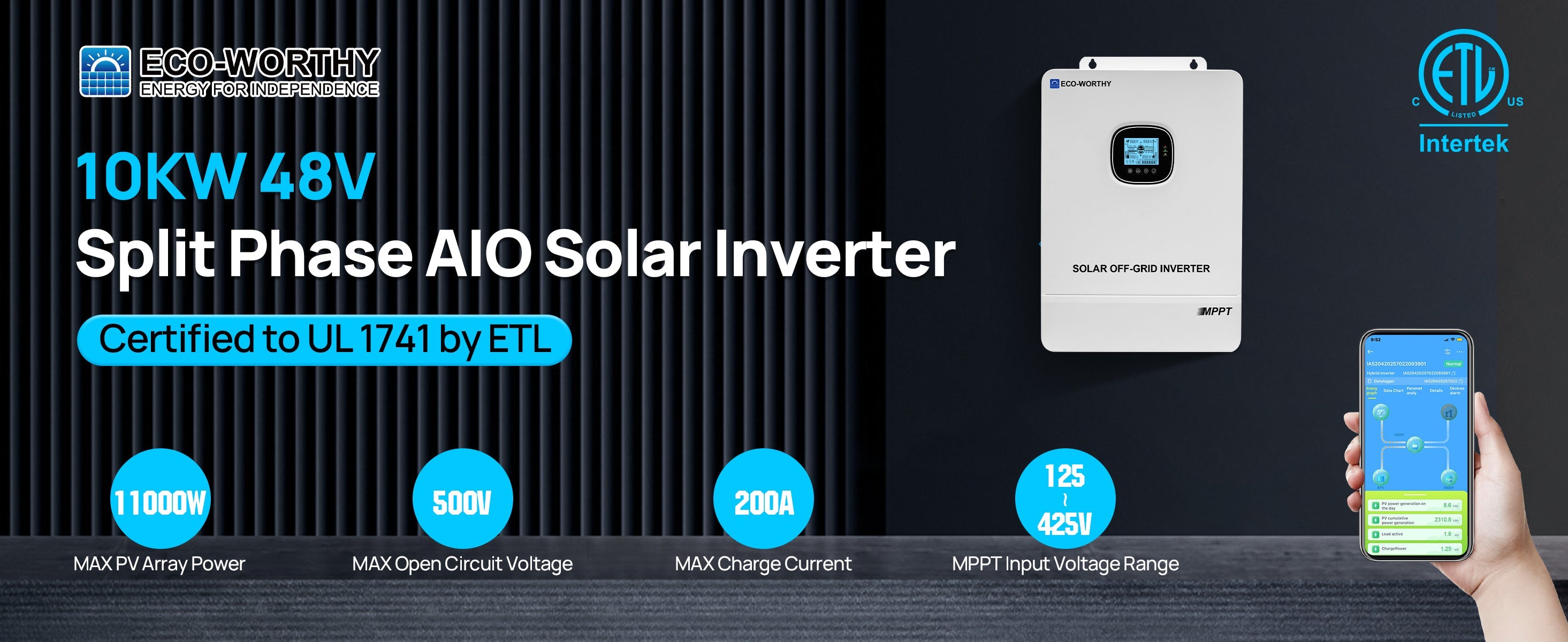 10KW 48V Split Phase AIO Solar Inverter with ECO-WORTHY and ETL branding, displayed on a dark background.