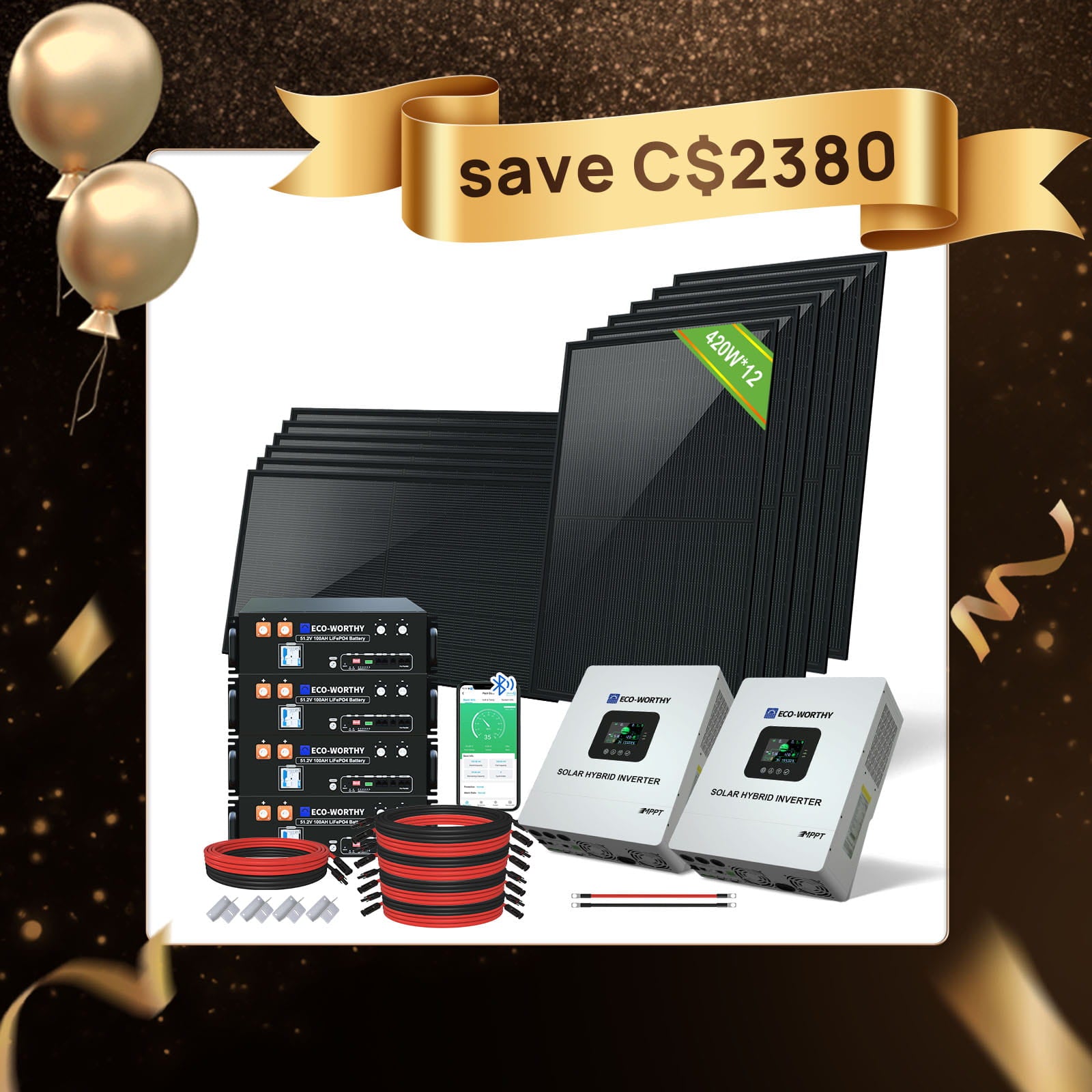 5040W 48V (12x N-Type 420w) completeOff Grid solar Kit |20.48kWh BatteryCapacity |120VAC/240VAC 5000w splitPhase Output