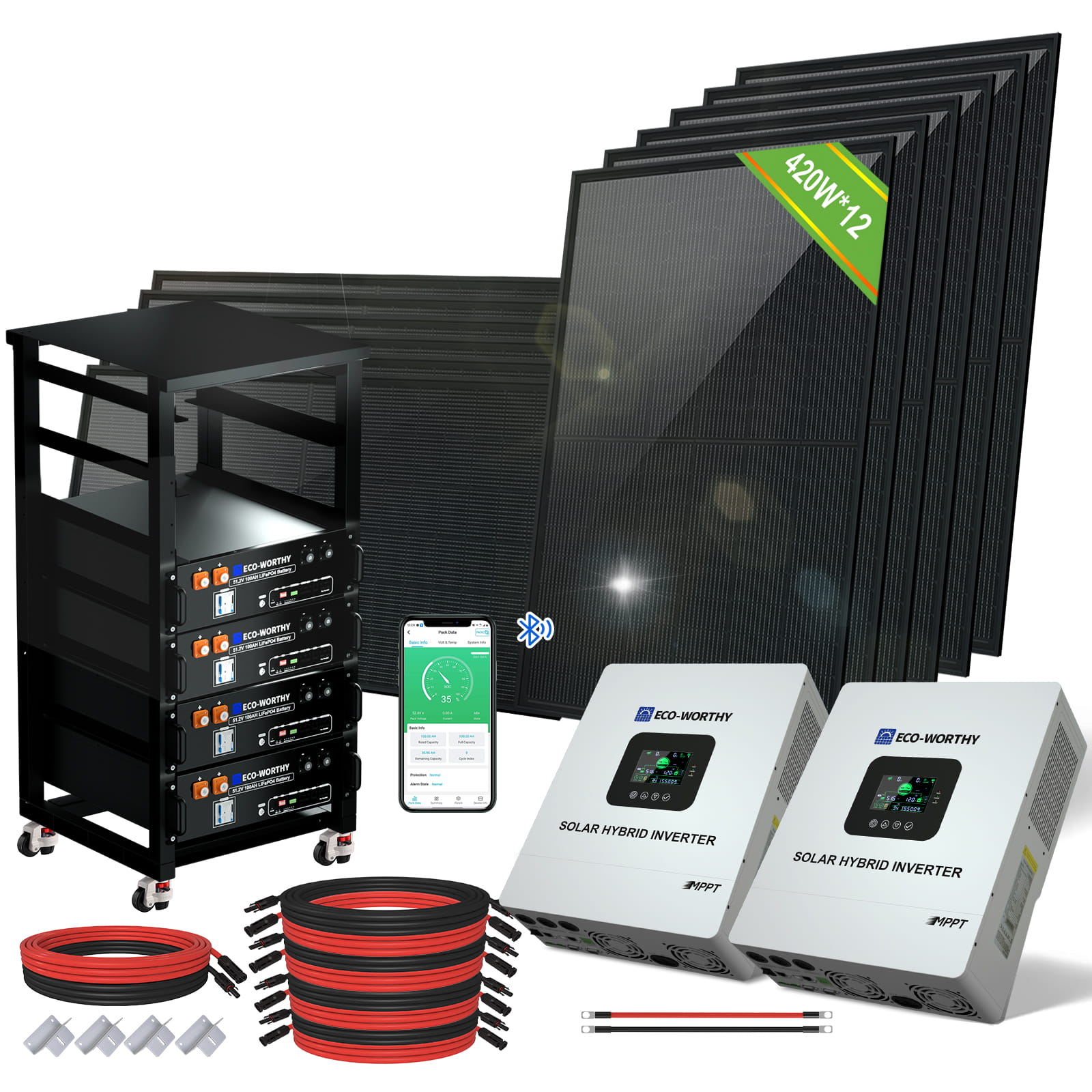 5040W 48V (12x N - Type 420W) Complete Off Grid Solar Kit | 20.48kWh Battery Capacity | 120VAC/240VAC 5000W Split Phase Output - 2KW - 5KW solar panel kit