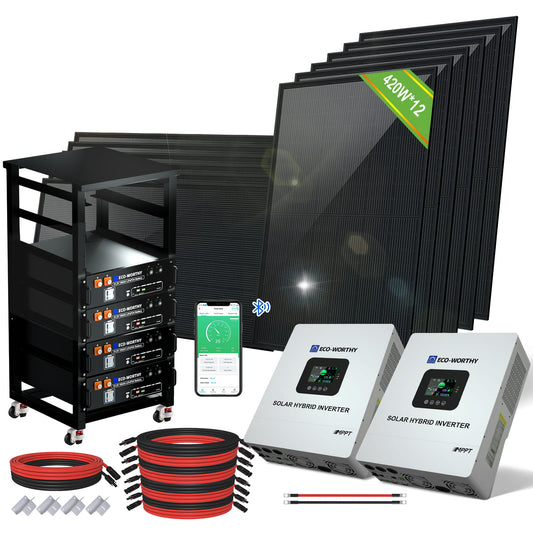 5040W 48V (12x N - Type 420W) Complete Off Grid Solar Kit | 20.48kWh Battery Capacity | 120VAC/240VAC 5000W Split Phase Output - 2KW - 5KW solar panel kit
