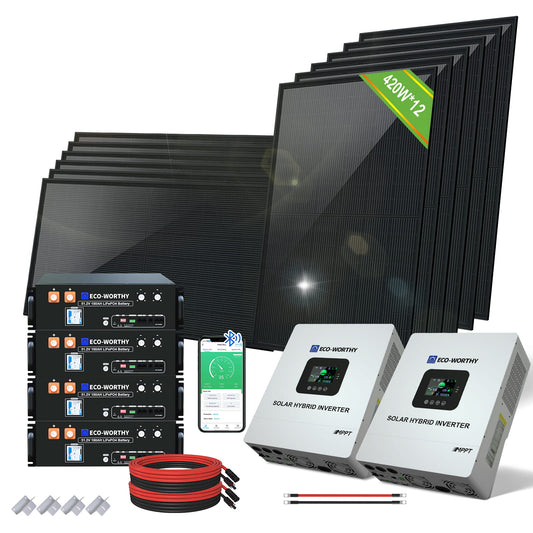 5040W 48V (12x N - Type 420W) Complete Off Grid Solar Kit | 20.48kWh Battery Capacity | 120VAC/240VAC Split Phase Output - 2KW - 5KW solar panel kit