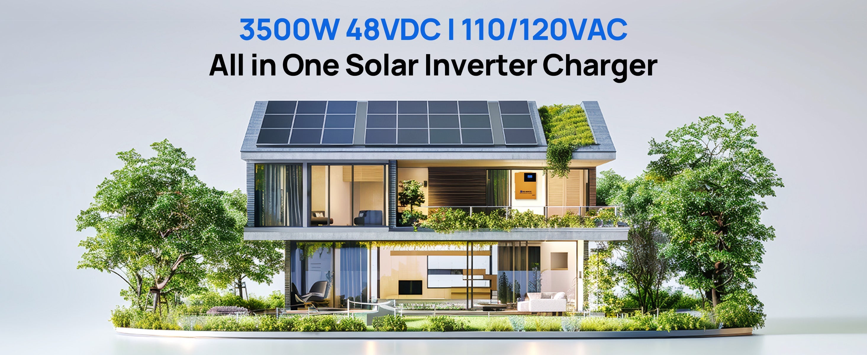 Modern house with solar panels on the roof, featuring a solar inverter charger product.