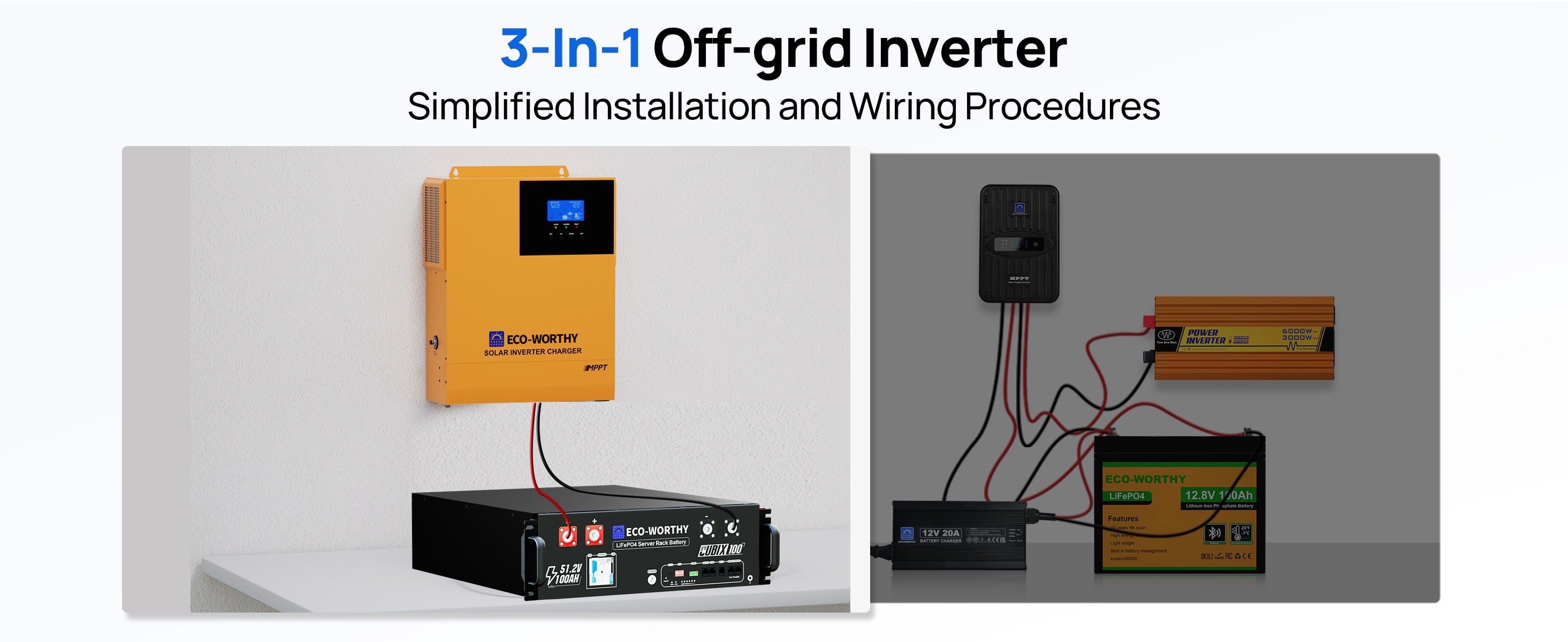 3-in-1 off-grid inverter with installation and wiring diagrams on a white background