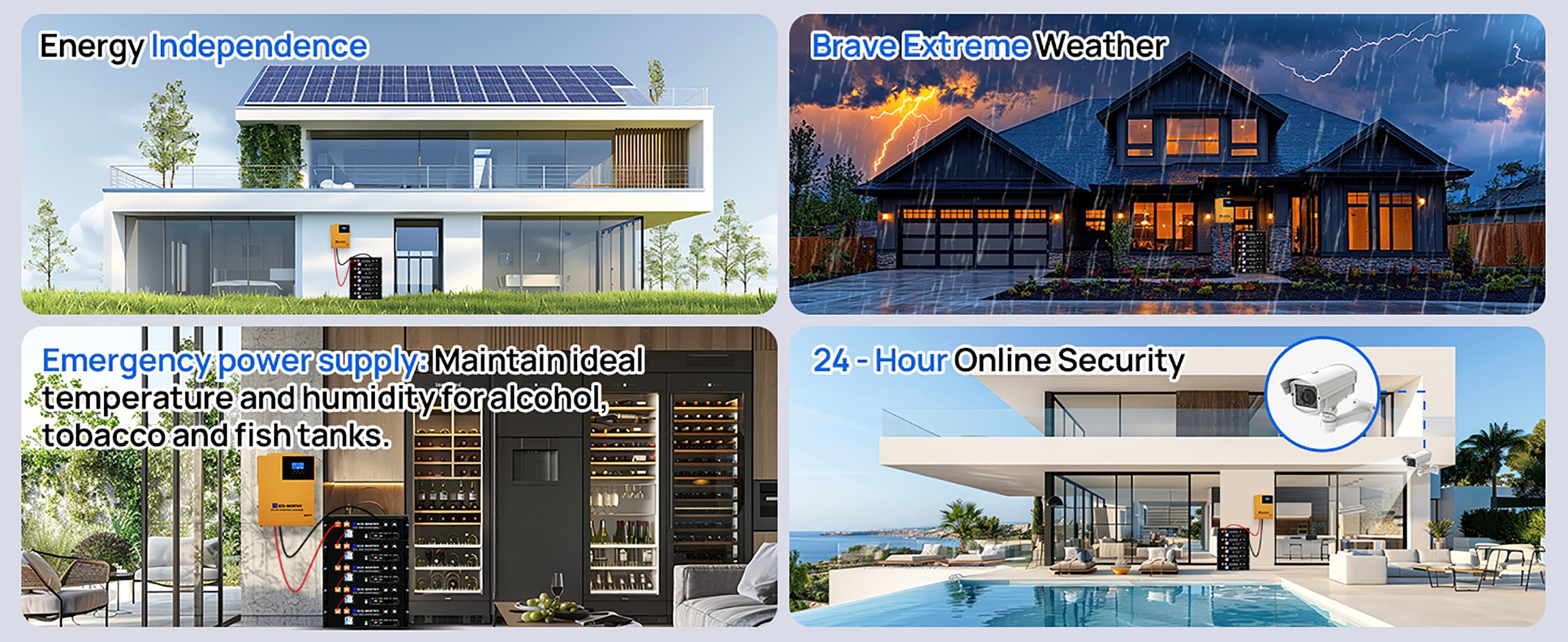 Collage of a modern house with solar panels, a stormy night scene, a home office, and a pool area.