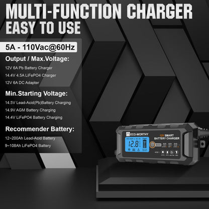 5A & 10A 12V Smart Battery Charger with LCD Display for Lithium (LiFePO4) Batteries - battery accessories