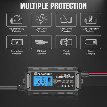 5A & 10A 12V Smart Battery Charger with LCD Display for Lithium (LiFePO4) Batteries - battery accessories