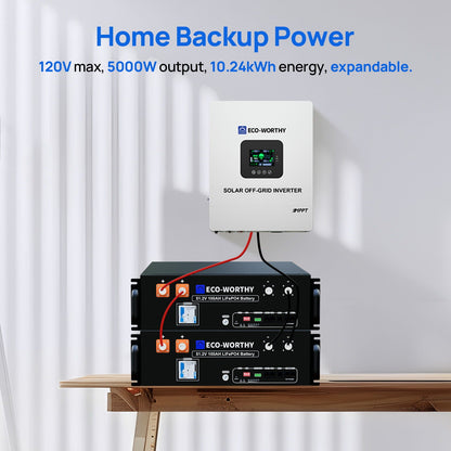 ECO-WORTHY home backup power system with inverter and battery on a wooden surface against a white curtain background.