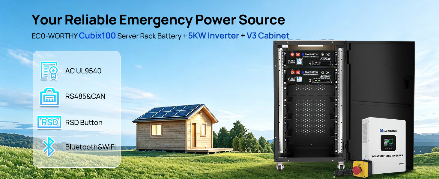 Emergency power server rack battery system shown outdoors beside a small house with solar panels, with text highlighting features such as AC UL9540, RS485/CAN, RS232, RSD button, Bluetooth/SWi, and the product name ECO-WORTHY Cubix100 Server Rack Battery + 5KW Inverter + V3 Cabinet.