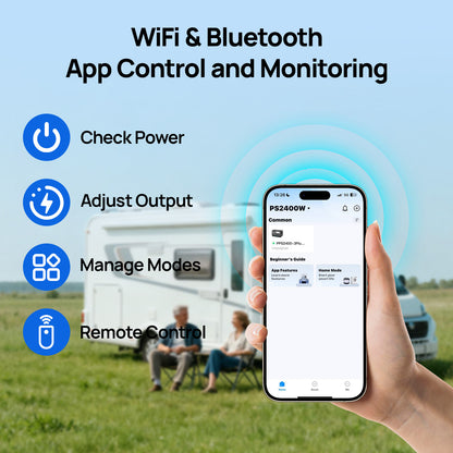 Hand holding a smartphone with app controls displayed, with an RV in the background.