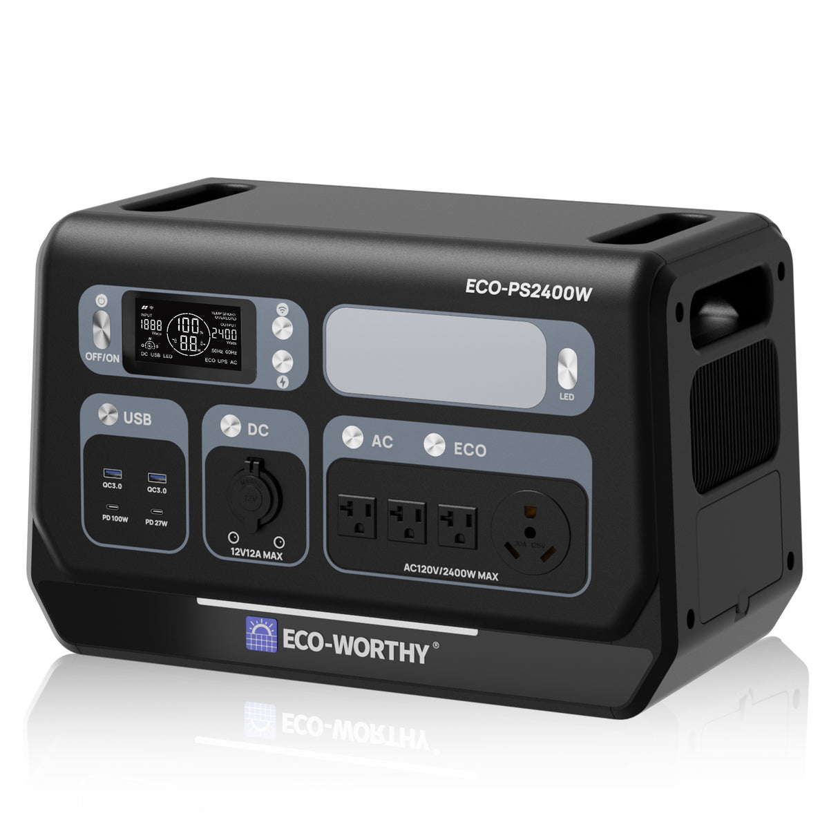 Black portable power station with digital display and multiple outlets on a white background