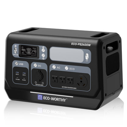 Black portable power station with digital display and multiple outlets on a white background