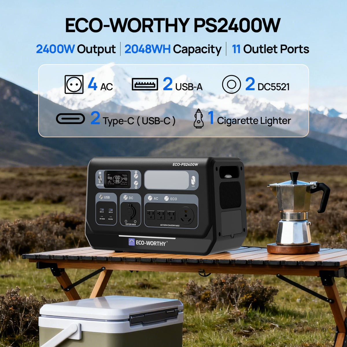 ECO-WORTHY PS2400W power station with coffee maker and cooler on a camping table with mountain background