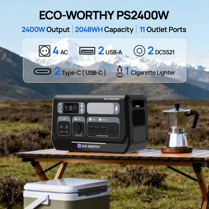 ECO-WORTHY PS2400W power station with coffee maker and cooler on a camping table with mountain background