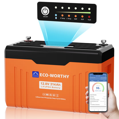 Eco-Worthy EnergyTrek 12V 314Ah Lifepo4 Lithium Battery | Bluetooth with SOC LEDs and Low Temp Protection