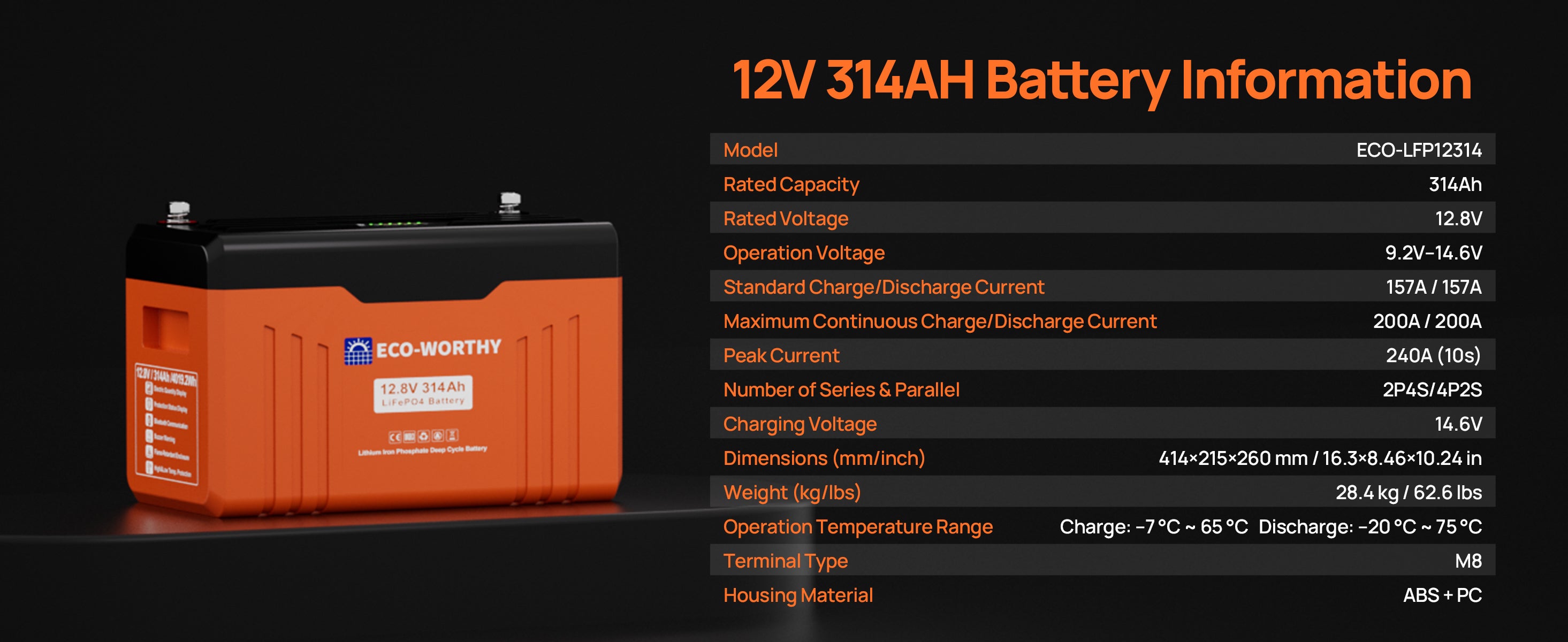 12V 314AH battery with Eco-Northway branding and technical specifications on a black background.