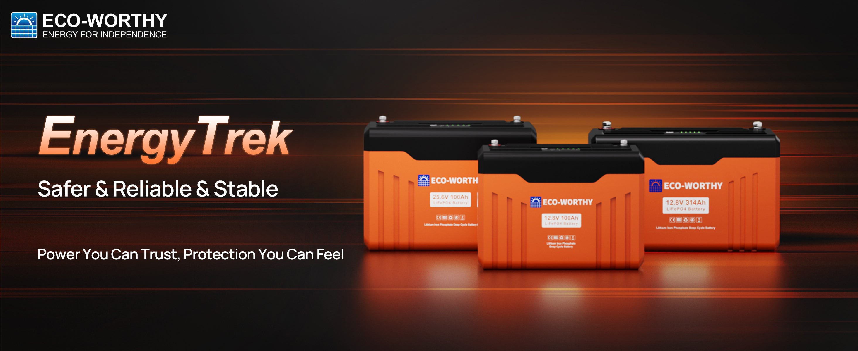 Three orange batteries with 'EnergyTrek' branding on a dark background