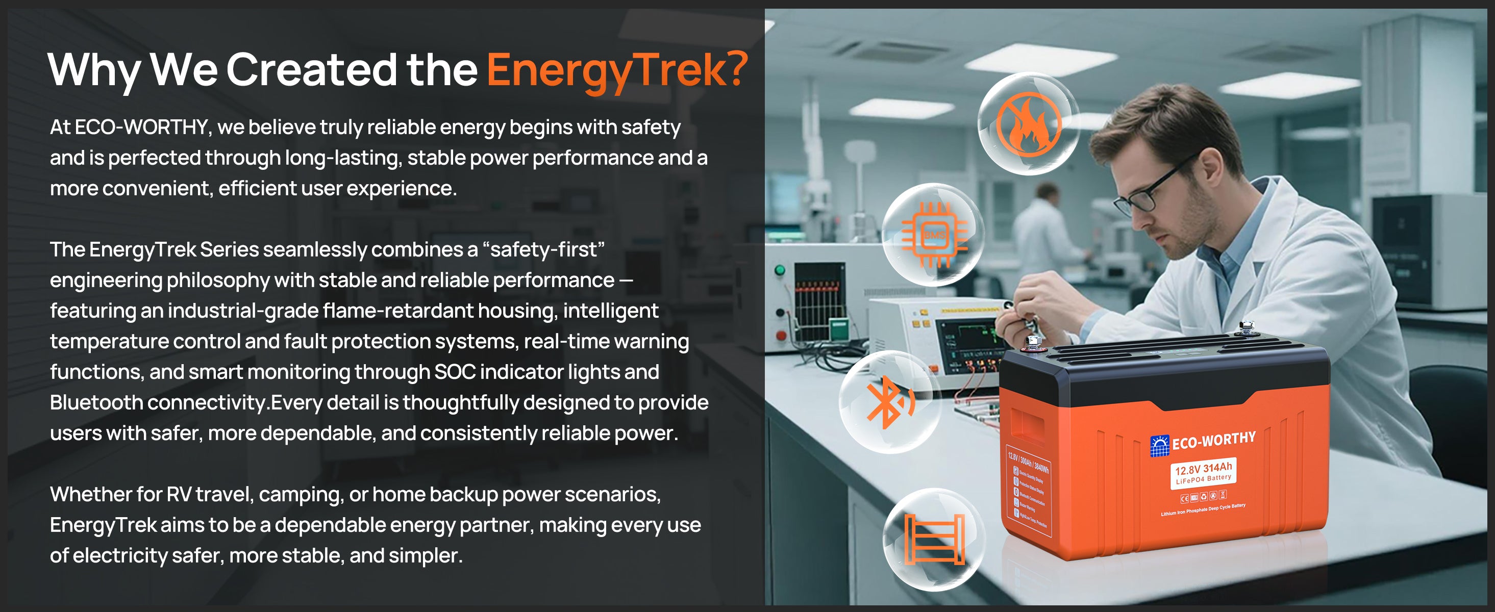 Person in a lab coat working with an energy storage system in a laboratory setting, with text about the EnergyTrek series.