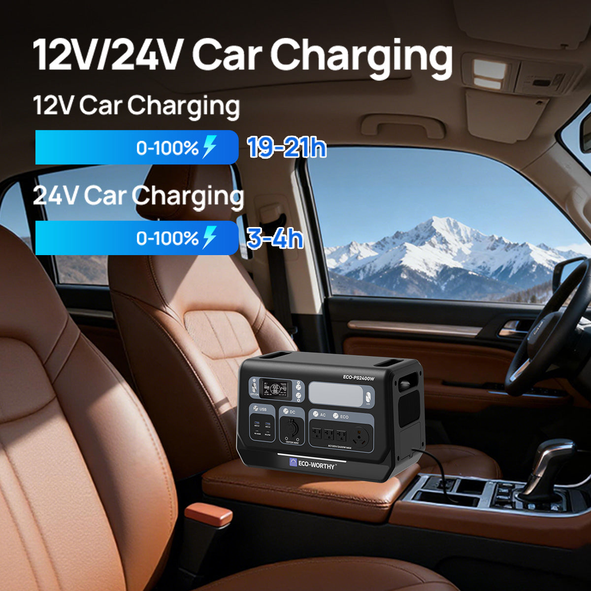 Car interior with a power station for 12V and 24V charging, showing charging times and percentages.