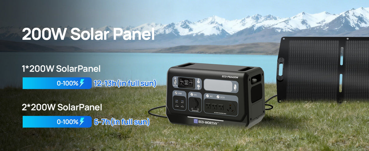 200W solar panel system with battery pack in a scenic outdoor setting