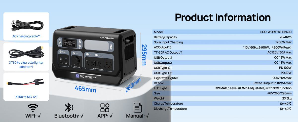 Portable power station with charging cables and product information on a white background