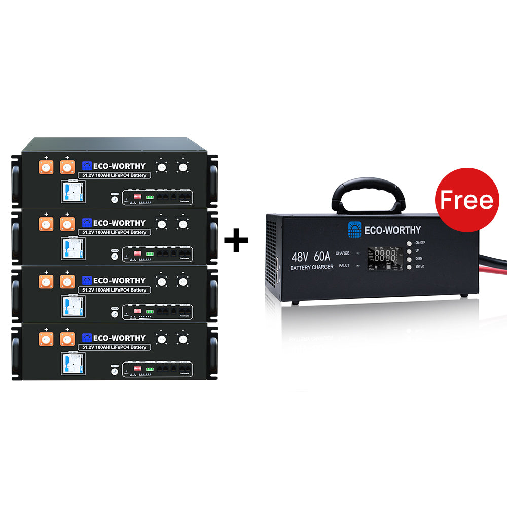 ECO-WORTHY 48V(51.2V) 100Ah LiFePO4 Server Rack Battery system with a free 48V 60A battery charger on a white background