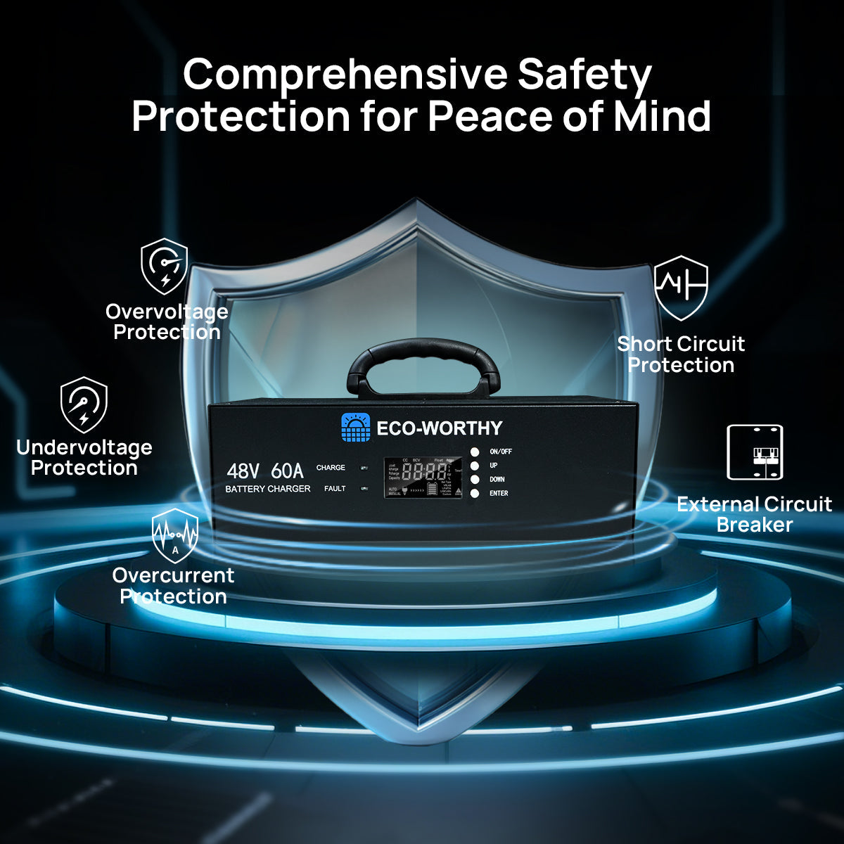 Battery charger with safety protection features on a dark background