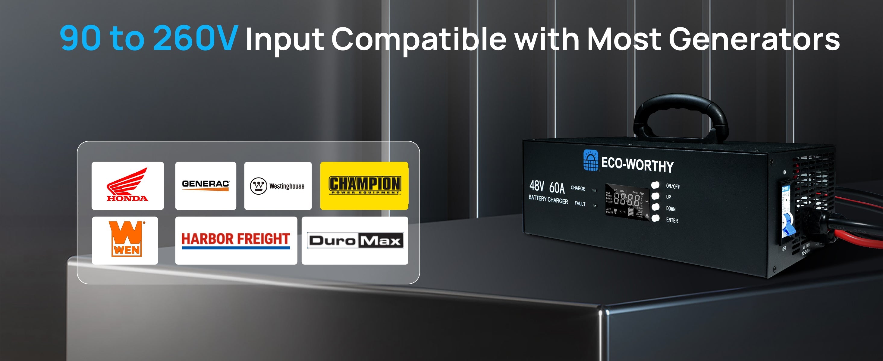 Black power adapter with brand compatibility logos on a dark background