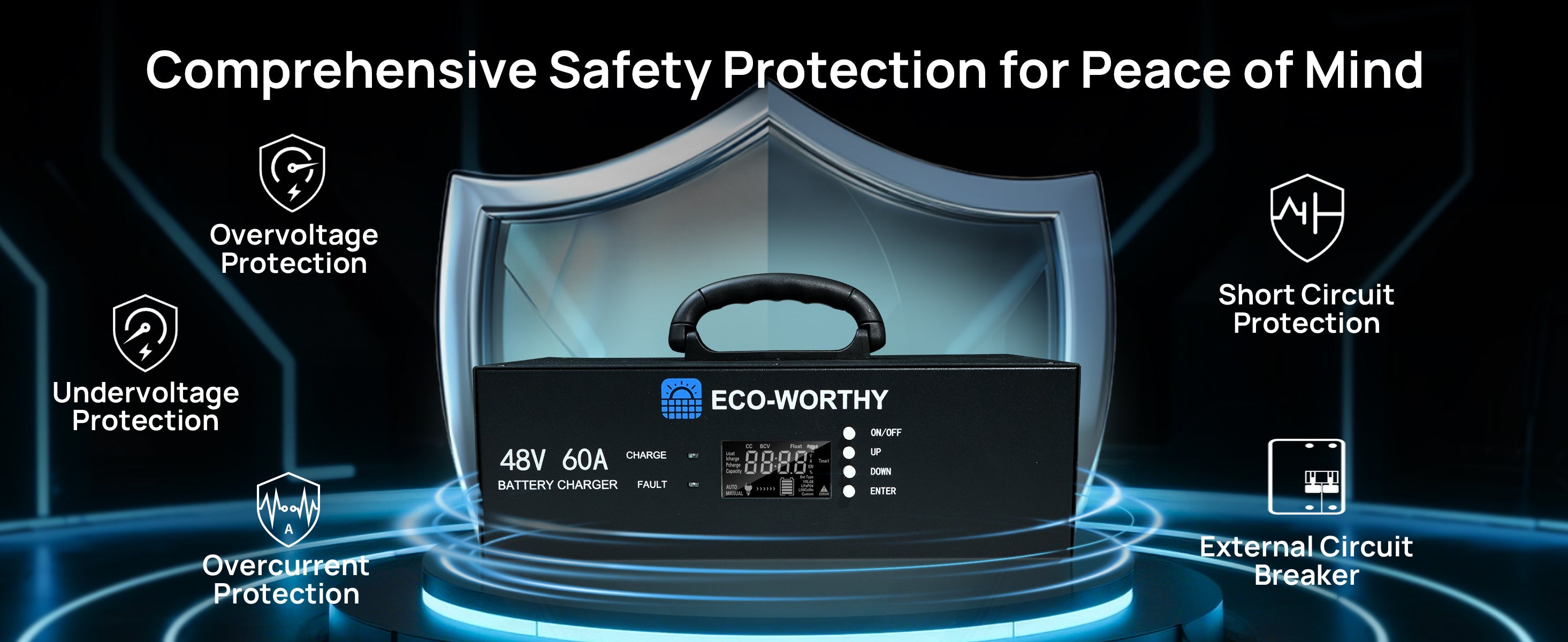 Eco-Worthy battery charger with safety features on a dark background