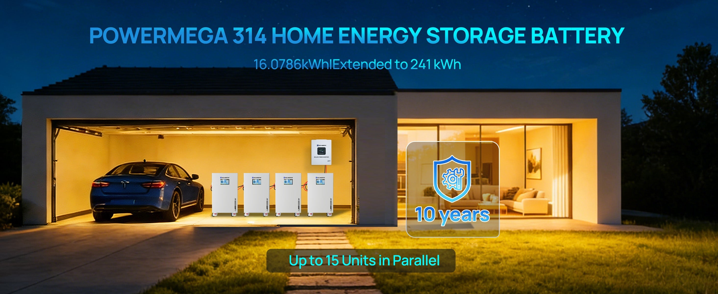 Home energy storage battery system with a car in front of a house at night.