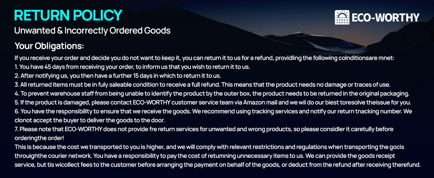 A text-based ECO-WORTHY return policy document outlining obligations and refund conditions for unwanted and incorrectly ordered goods.