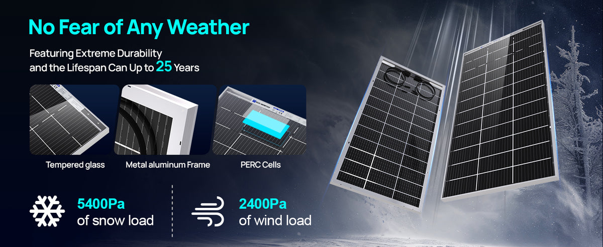 Promotional graphic for solar panels showing two large rectangular solar panels on a snowy outdoor background, with feature callouts including tempered glass, metal aluminum frame, PERC cells, snow load 5400Pa, wind load 2400Pa, and a lifespan up to 25 years.